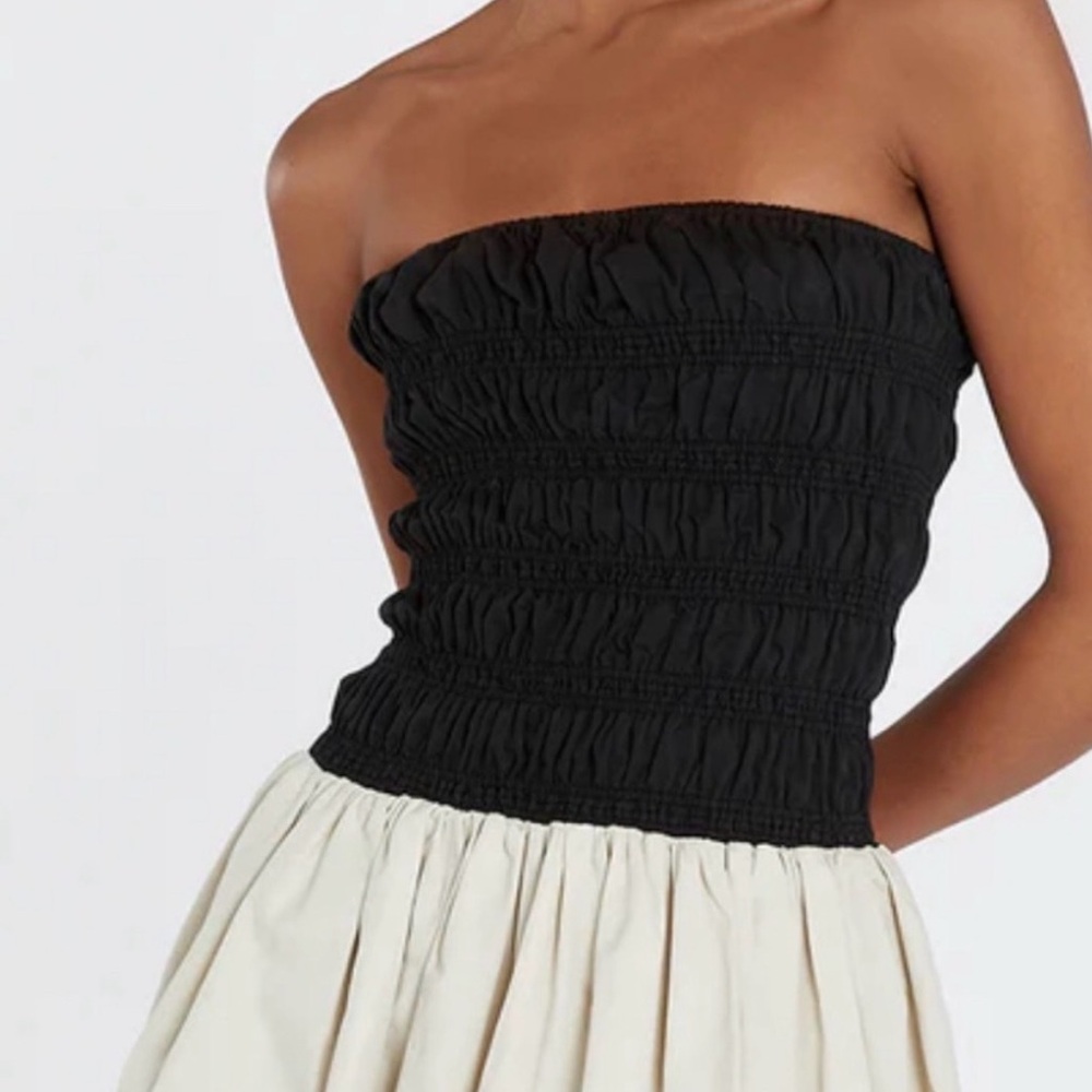 DISSH Black Smocked Strapless Mini Dress with Cream Skirt
